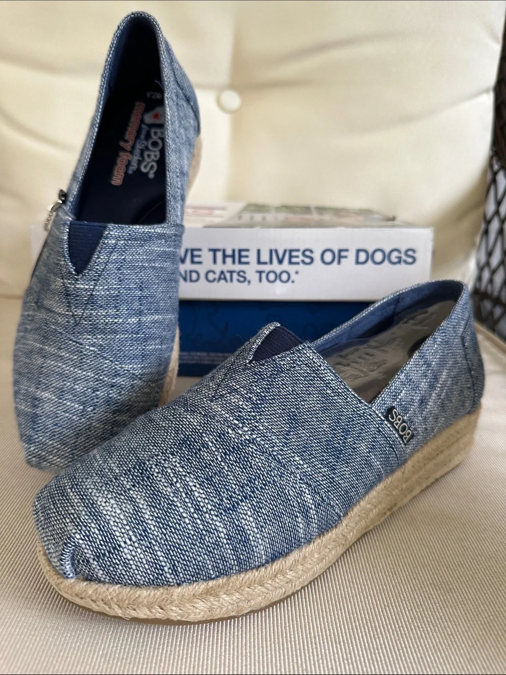 BOBS Skechers NWT Highlights Set Sail Blue Woven Espadrille Memory Foam Slip-Ons